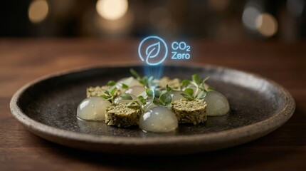 Gourmet restaurant plating showcasing carbon neutral, plant based cuisine with a digital co2 zero leaf icon, highlighting eco friendly, futuristic fine dining and sustainable gastronomy