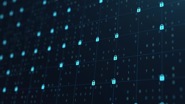 Data processing, digital grid with locked information, block chain, privacy, data protection. Technology, connections, deep learning, data exchange, neural networks, computer science.