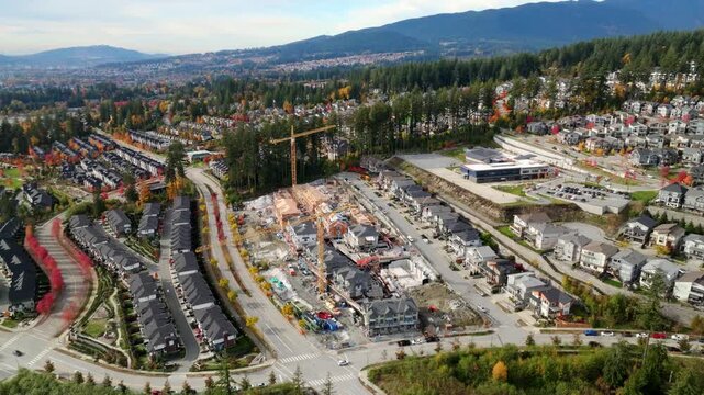 Under Construction Houses At The Suburban Area Of Burke Mountain In Coquitlam, Canada. Aerial Rotate Shot