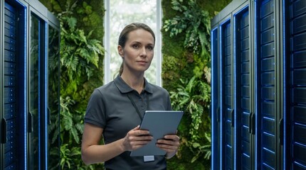 Female it professional is standing in an eco friendly server room, holding a digital tablet while overseeing operations and sustainable technology within the modern data center