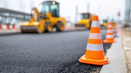 Construction Site with Heavy Machinery Working on Road Resurfacing, Highlighting Traffic Safety and Progress in Urban Development