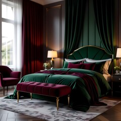 bedroom in velvet forest green and burgundy