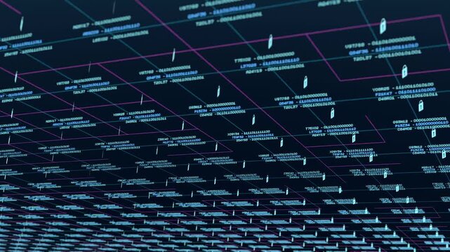 Data protection, complex information network, data processing, secure encrypted information. Locked binary code data blocks, big data, safety, technology, security software, firewall. 