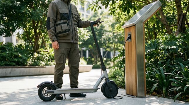 Man in casual clothing charging an electric scooter outdoors at a modern wooden charging station with a solar panel, representing sustainable urban mobility and eco friendly transportation