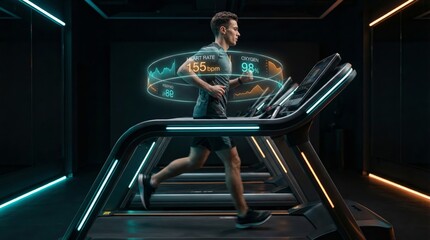 Man actively exercising on a modern treadmill in a dark gym, monitoring real time heart rate and oxygen levels through an augmented reality interface, symbolizing fitness innovation and health data