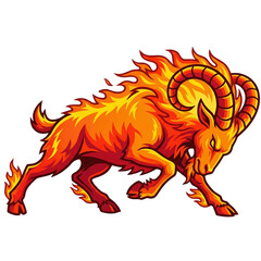 Fierce fiery goat with blazing horns and mane in dynamic pose