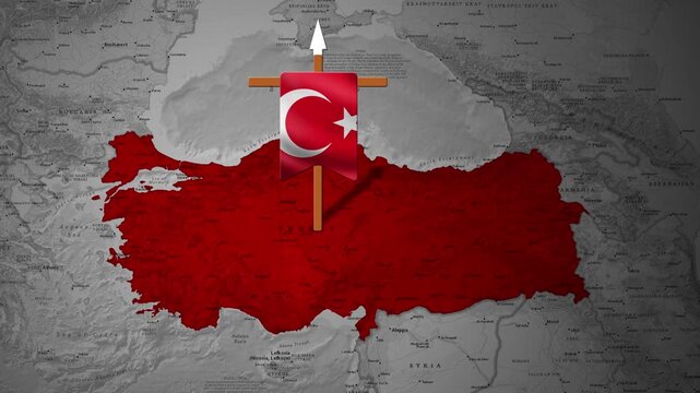 Map highlighting Turkish territory with a national flag banner marking location animation