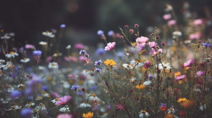 Colorful Wildflower Meadow in Soft Morning Light with Multiple Varieties and Vibrant Petals Capturing Nature's Unspoiled Beauty and Tranquility