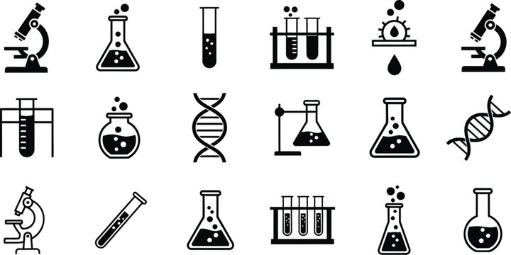 Vintage set of laboratory glassware and chemical flasks featuring vector icons and silhouettes of medical equipment for science research and medicine design