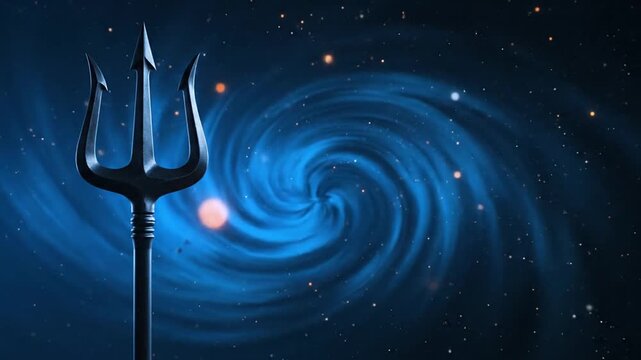 Trident symbol against a swirling blue galaxy background