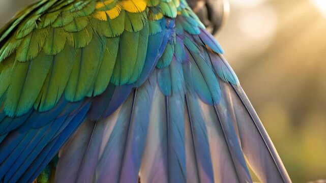 Colorful parrot feathers close up with vibrant green, blue, yellow, and black plumage detail in nature with beautiful sunshine.