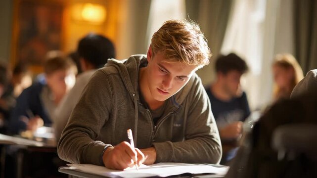 Student in medium shot attentively marking answers on a language placement test paper in a softly lit morning room with outoffocus classmates in the background.