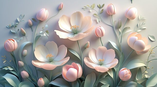 Elegant 3D Floral Illustration with Pastel Spring Flowers and Decorative Botanical Elements