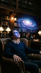 Obraz premium Young man wearing augmented reality glasses experiencing a holographic galaxy in a classic library setting, symbolizing advanced education, future technology, and expanding scientific knowledge