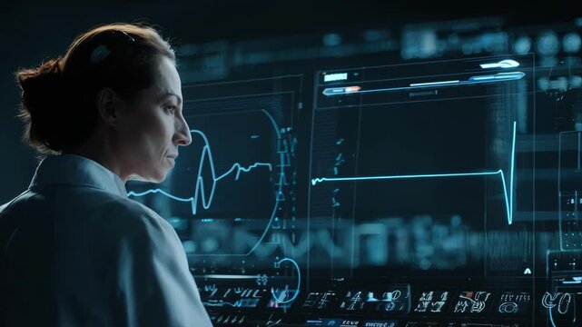 Medium shot of a digital engineer analyzing complex quadrature amplitude modulation signals on a futuristic interface