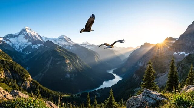 Epic scenic mountain landscape with a river valley and soaring eagles under a beautiful sunrise in a vast natural setting