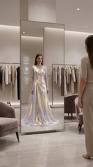 Woman uses an interactive smart mirror in a boutique to virtually try on dresses with augmented reality, exploring colors, fabrics and fits for a seamless shopping experience