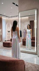 Young woman trying on a long iridescent gown, smiling at her reflection in a large mirror, showcasing modern fashion and confidence in a high end clothing store