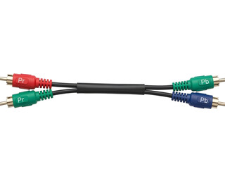 A close-up view of a component video cable with multiple colored connectors on transparent background