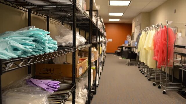 Walkin medical storeroom featuring rows of shelves stocked with disposable supplies gloves and protective gowns with rolling racks slightly out of focus.