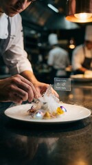 Professional chef precisely plating a gourmet dish in a modern kitchen, enhanced with an augmented reality display showing the flavor profile of the complex culinary creation