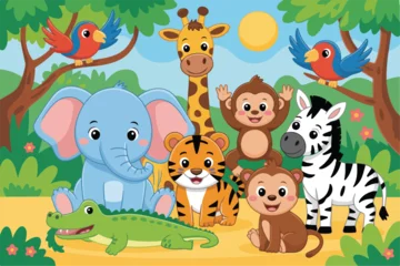 Fototapete Zoo Cute cartoon wild animals jungle safari scene with trees flowers and sun friendly characters  © Mst Fateha Begum