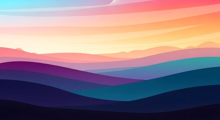 Abstract landscape illustration with layered hills and colorful gradient sky