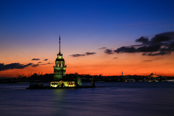 Fototapeta premium Image of the Bosphorus historical peninsula and Maiden's Tower in the Bosphorus at sunset.