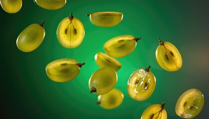 Floating Green Grapes on a Vibrant Green Background
