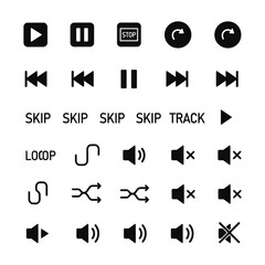 Black media player control icons set.