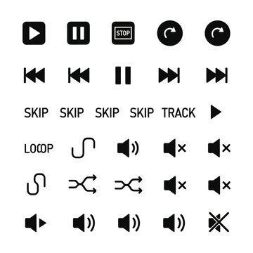 Black media player control icons set.