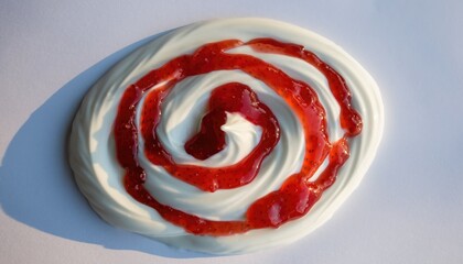 Swirl of Cream with Strawberry Sauce on White Surface for Dessert