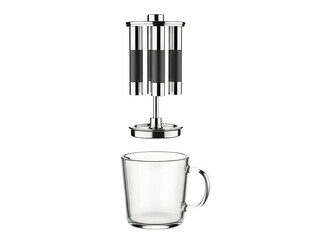 A French press coffee maker and a clear glass mug on transparent background