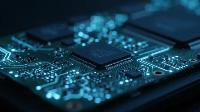 Close-up of integrated circuit board with computer chip, technology and motherboard. High-tech and modern design microelectronics with blue toning.