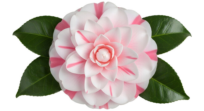 Close-up showcases a captivating Camellia japonica flower with pink stripes and vibrant green leaves