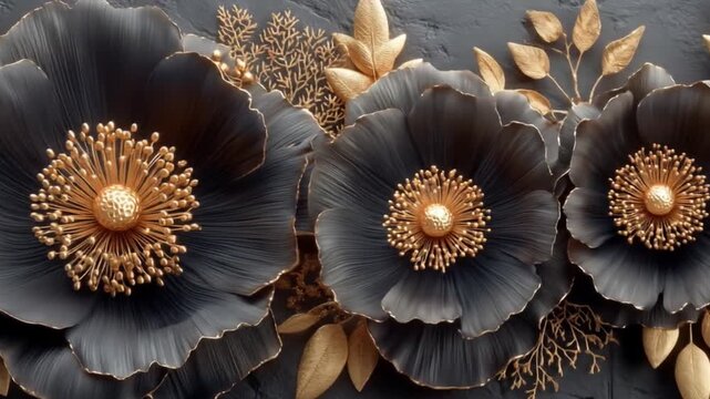 Elegant floral composition black and gold flowers on a dark background