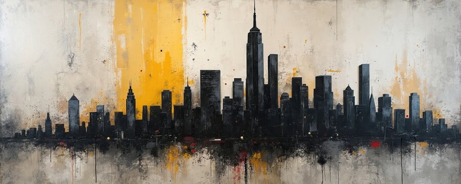Dark city skyline painted with rough texture and yellow accents. Buildings silhouetted against abstract background with drips and splatters. Urban art style.