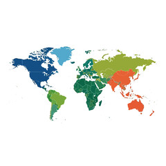 Obraz premium Colorful world map divided into continents and regions, abstract representation of global geography and connections.
