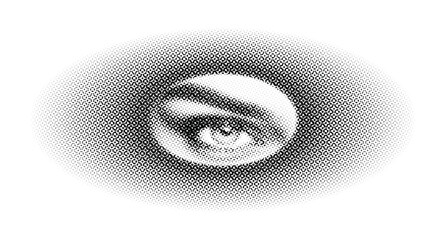 A black and white vector illustration of a human eye rendered with a halftone dot screen, creating a striking and observant visual effect.