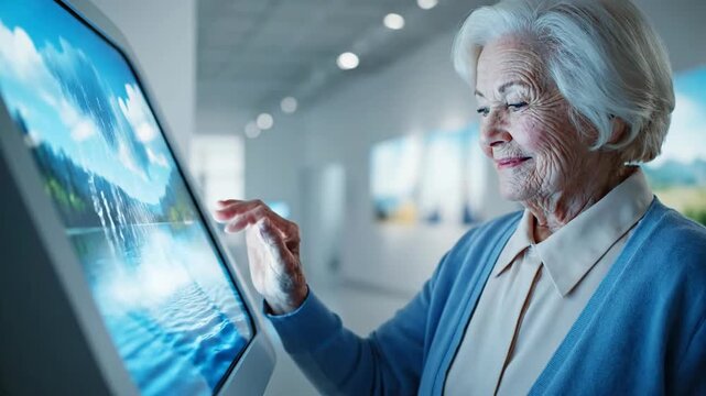 Senior woman using touch screen technology to view nature landscape. Elderly female interacts with modern interactive display.