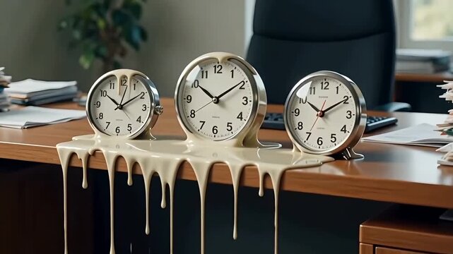 Time Running Out: Surreal Melting Clocks Symbolizing Workplace Burnout and Stress