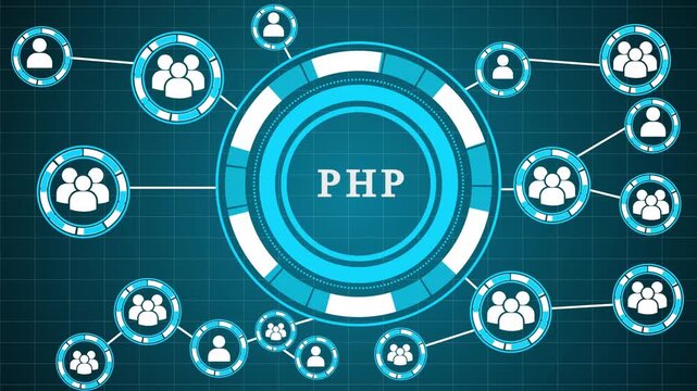 PHP Programming Network Technology Concept - Digital Connections, Data Flow, and Global Communication Icons