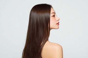 Fototapeta premium Japanese Woman in Early 20s with Long Straight Glossy Brown Hair, Silky Hair Texture Studio Portrait