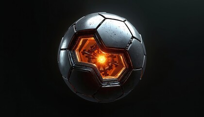 Naklejka premium Futuristic metallic sphere with glowing core. Chaotic structure inside, rotating mechanical elements. Sci-fi object abstract, energy source concept, cyber tech.