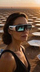 Woman standing in a solar farm at sunset, wearing smart glasses displaying real time data and graphs, conceptualizing renewable energy management and advanced technology
