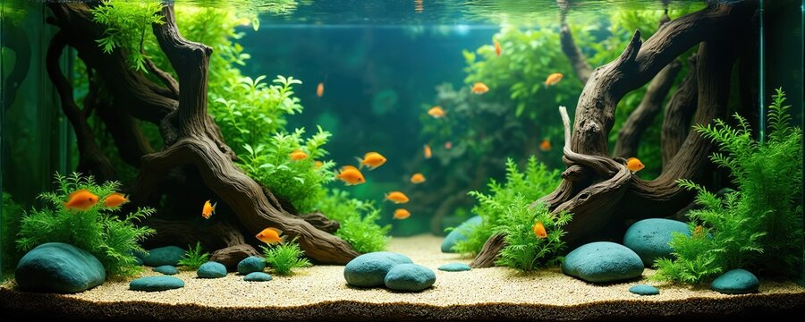 Small orange fish swim in a rich green planted freshwater aquarium with driftwood and smooth stones on sand substrate. Underwater nature scene creates tranquil ambiance.