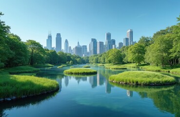 Fototapeta premium Green park with small islands of grass in blue water, city skyscrapers in background. Bright sunny day, clear sky, rich trees surround tranquil lake. Peaceful urban oasis.
