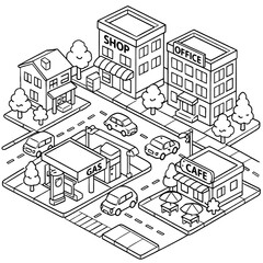 Fototapeta premium Isometric Small City Block Coloring Book Illustration with Clean Line Art