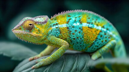 Obraz premium Vibrant chameleon perched on a leaf, showcasing its colorful skin patterns.
