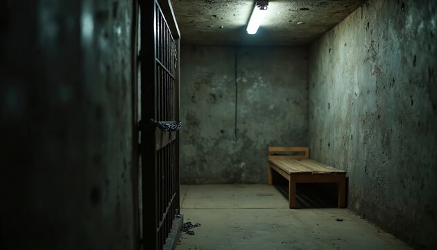 Dimly lit jail cell with barred door. Empty concrete room holds a wooden bed. Grunge walls show signs of age and decay, creating a somber mood of confinement and isolation.